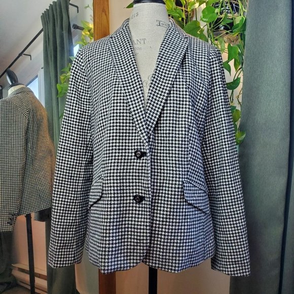 VINTAGE | Black White Checkered Gingham Plaid Wool Blend Blazer (Size XL) - Picture 6 of 10